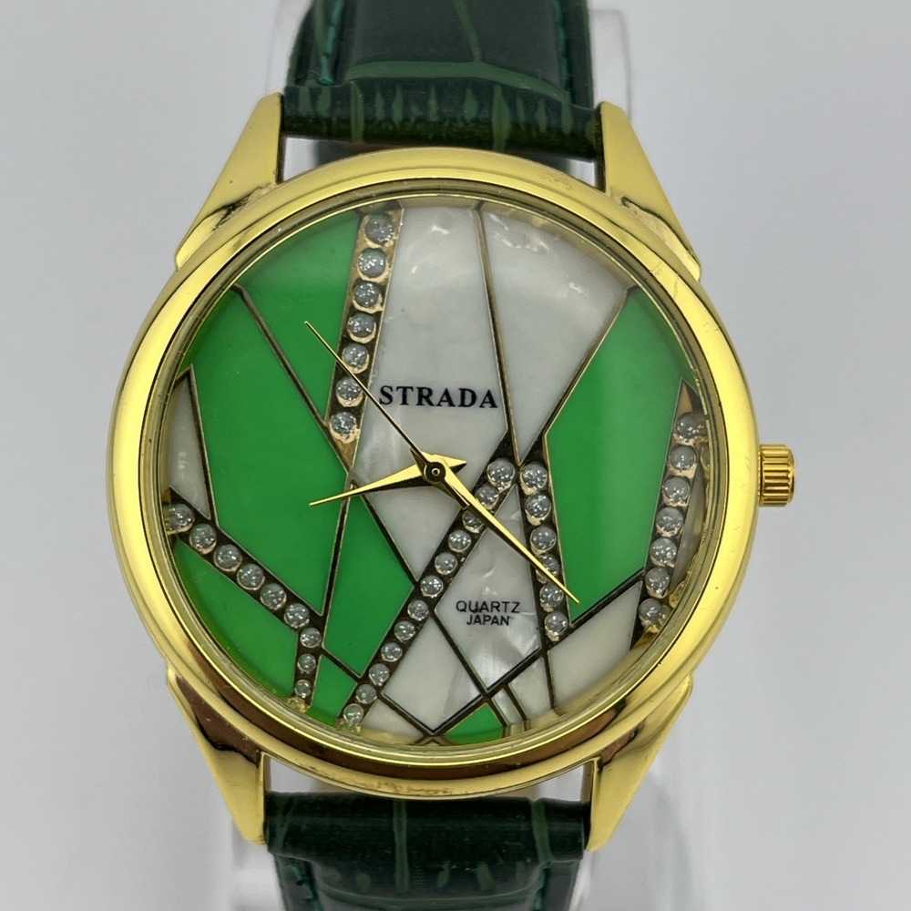 Strada Watch Women 40mm Gold Case MOP Green‎ Faux Leather Band- New Battery